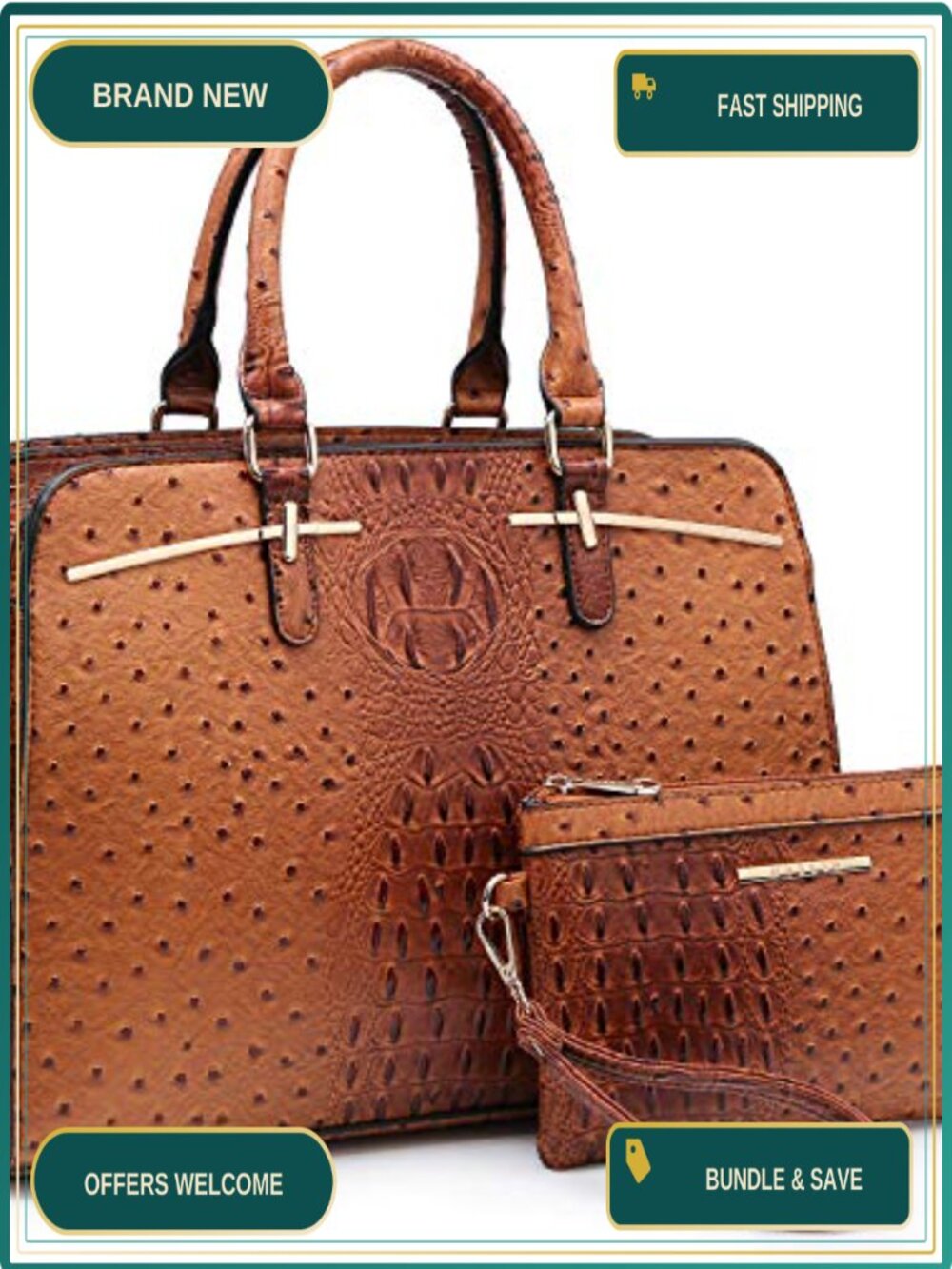 Vegan Leather Satchel Handbag Wallet Set 2pc Top Handle Tote Purse